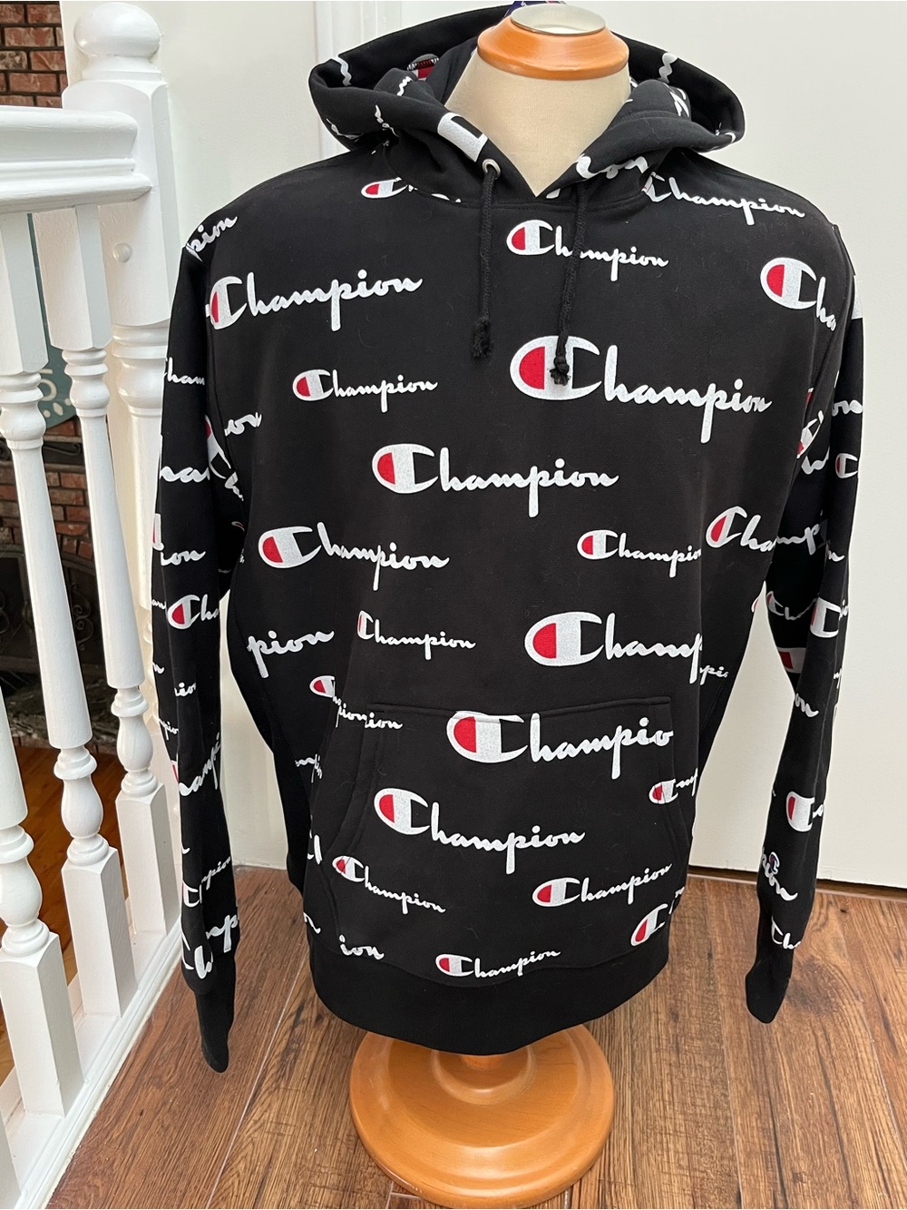 New!! MENS XL Champion Black Hoodie with White & Red All-Over Logos.